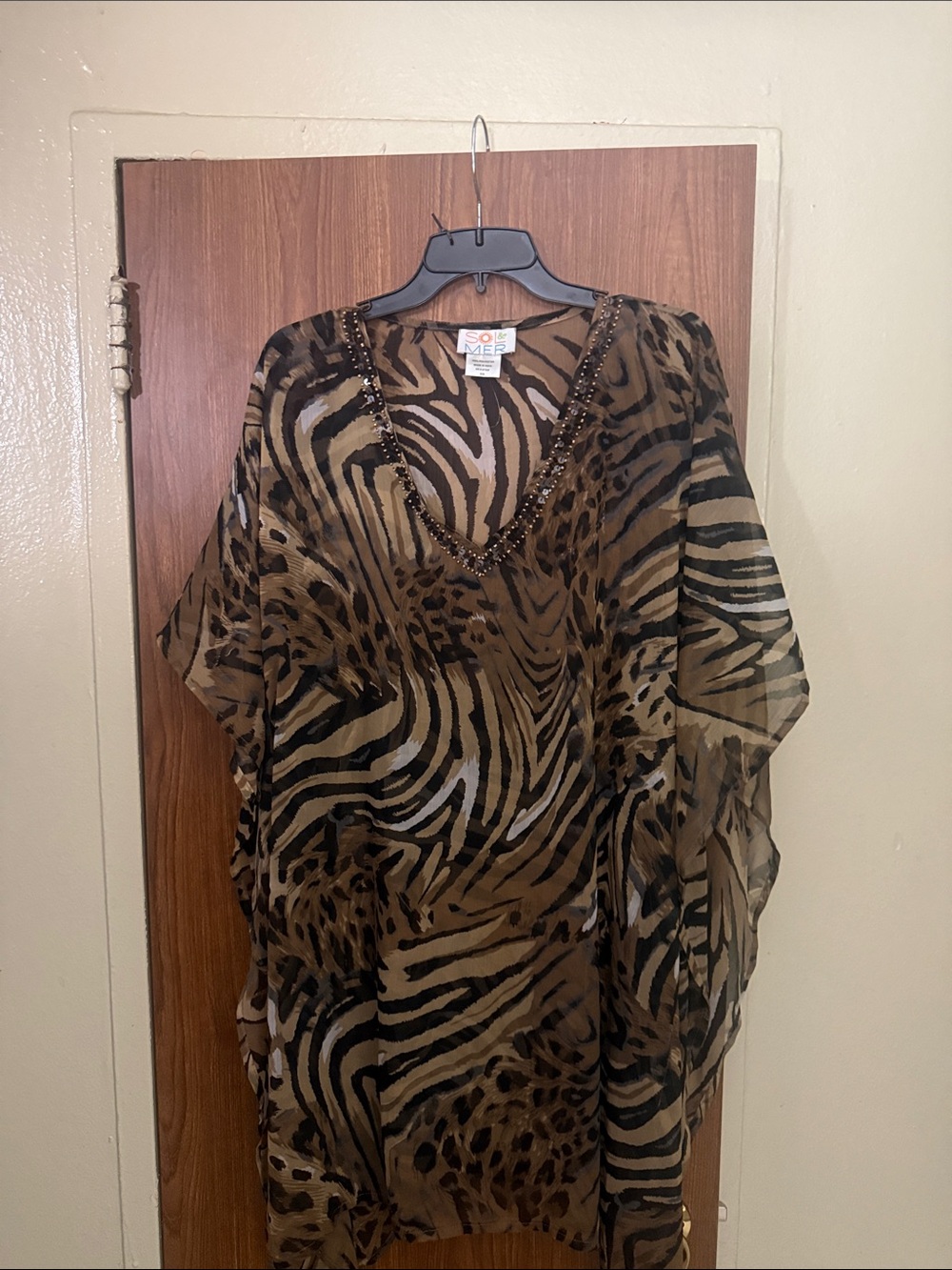 Multicolor Animal Print Sheer Swim Coverup - Brown/Black